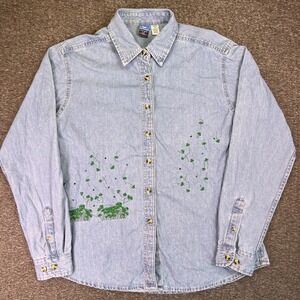 Vintage Port & Co Denim Shirt Womens M Blue Long Sleeve Shamrock St Paddys Irish